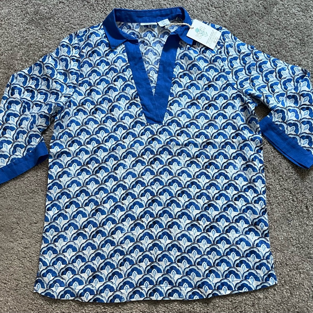 Sigrid Olsen Shirt Women's Size Medium 100% Linen Blouse Blue White Top